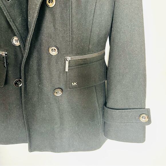 MK MICHAEL KORS Black Wool Button Front Zipper Pockets Classic Jacket Pea Coat M - Picture 12 of 16